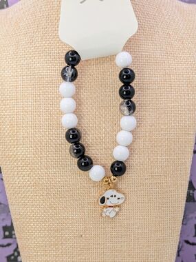 Snoopy Black & White Beaded Stretch Bracelet With Enamel Charm